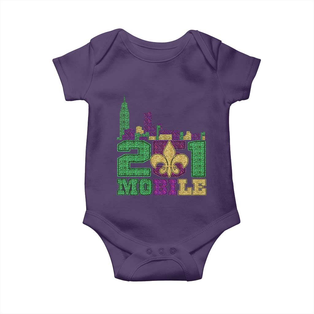 Funny Mardi Gras Mobile Alabama 251 Baby Onesie Skyline Area Code Glitter Print