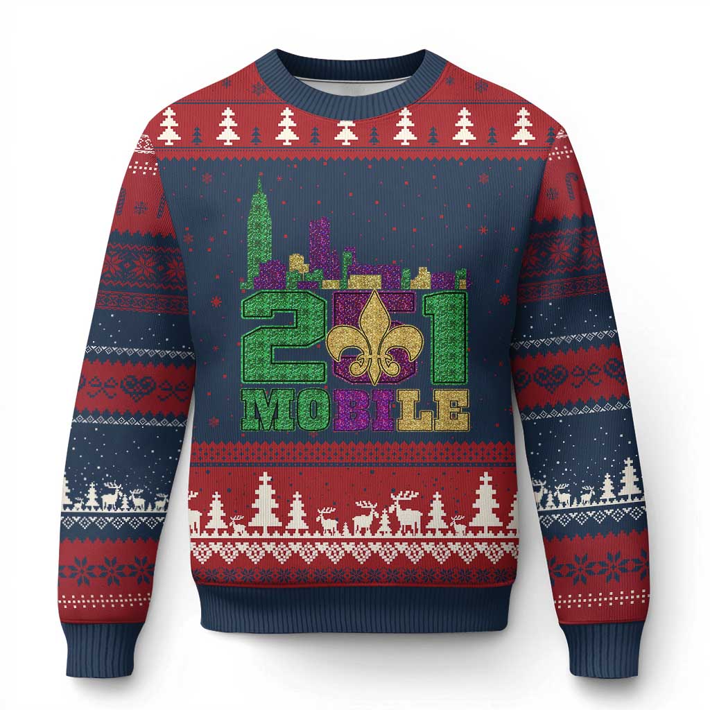 Funny Mardi Gras Mobile Alabama 251 Ugly Christmas Sweater Skyline Area Code Glitter Print