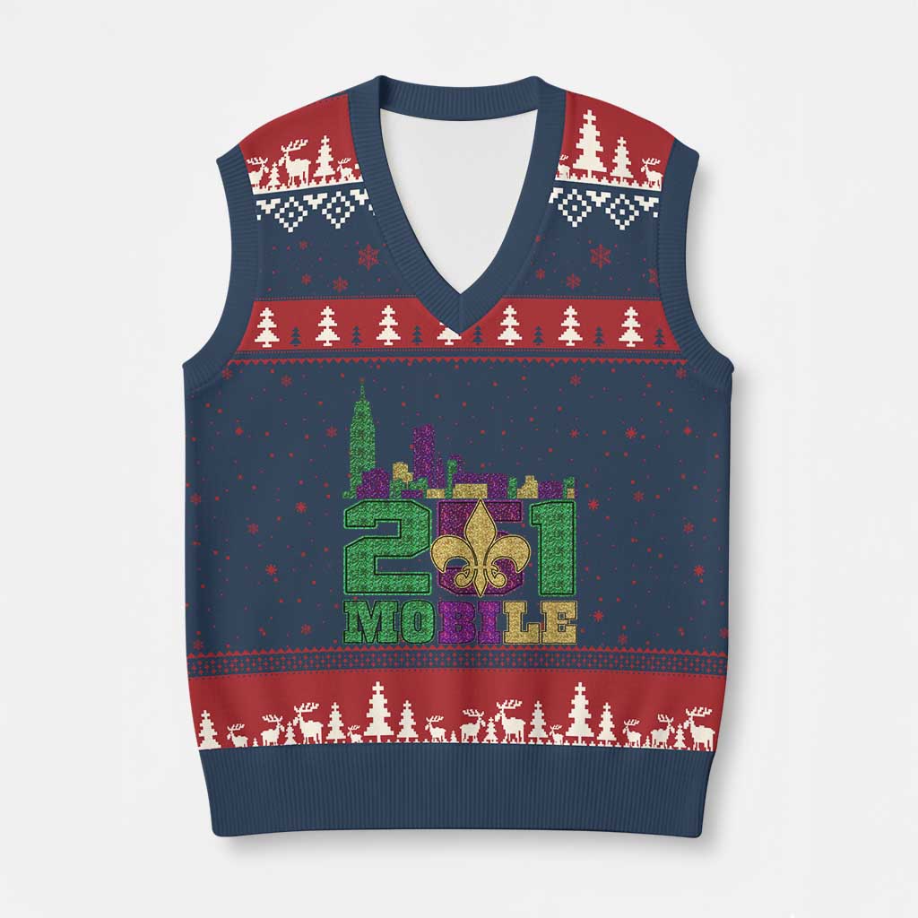 Funny Mardi Gras Mobile Alabama 251 V-Neck Knit Sweater Vest Skyline Area Code Glitter Print