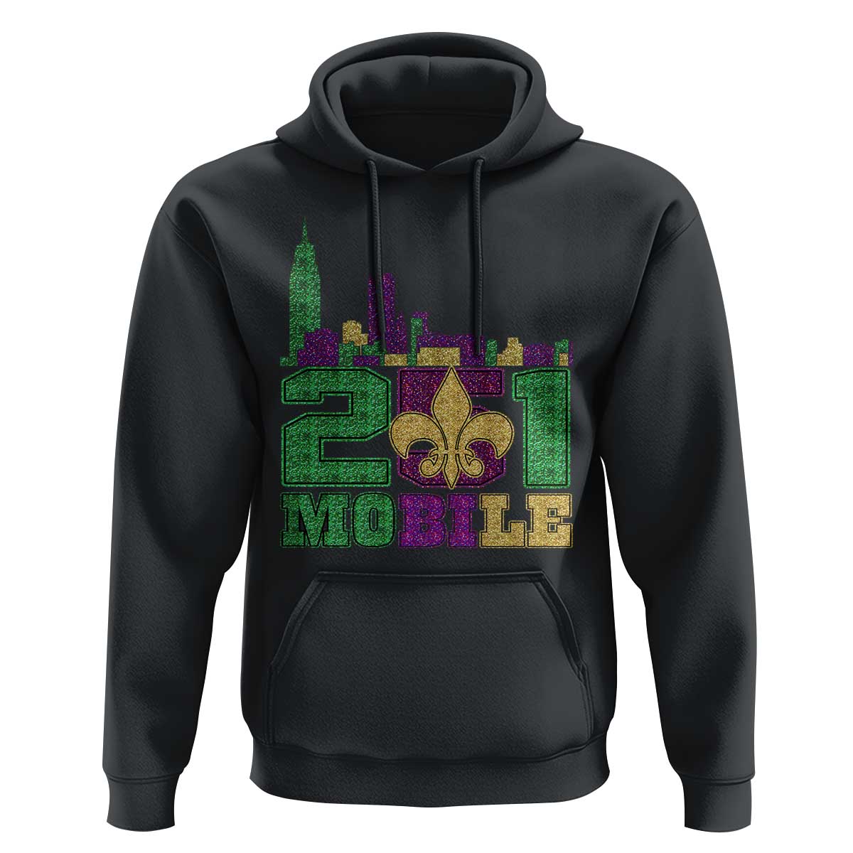 Funny Mardi Gras Mobile Alabama 251 Hoodie Skyline Area Code Glitter Print