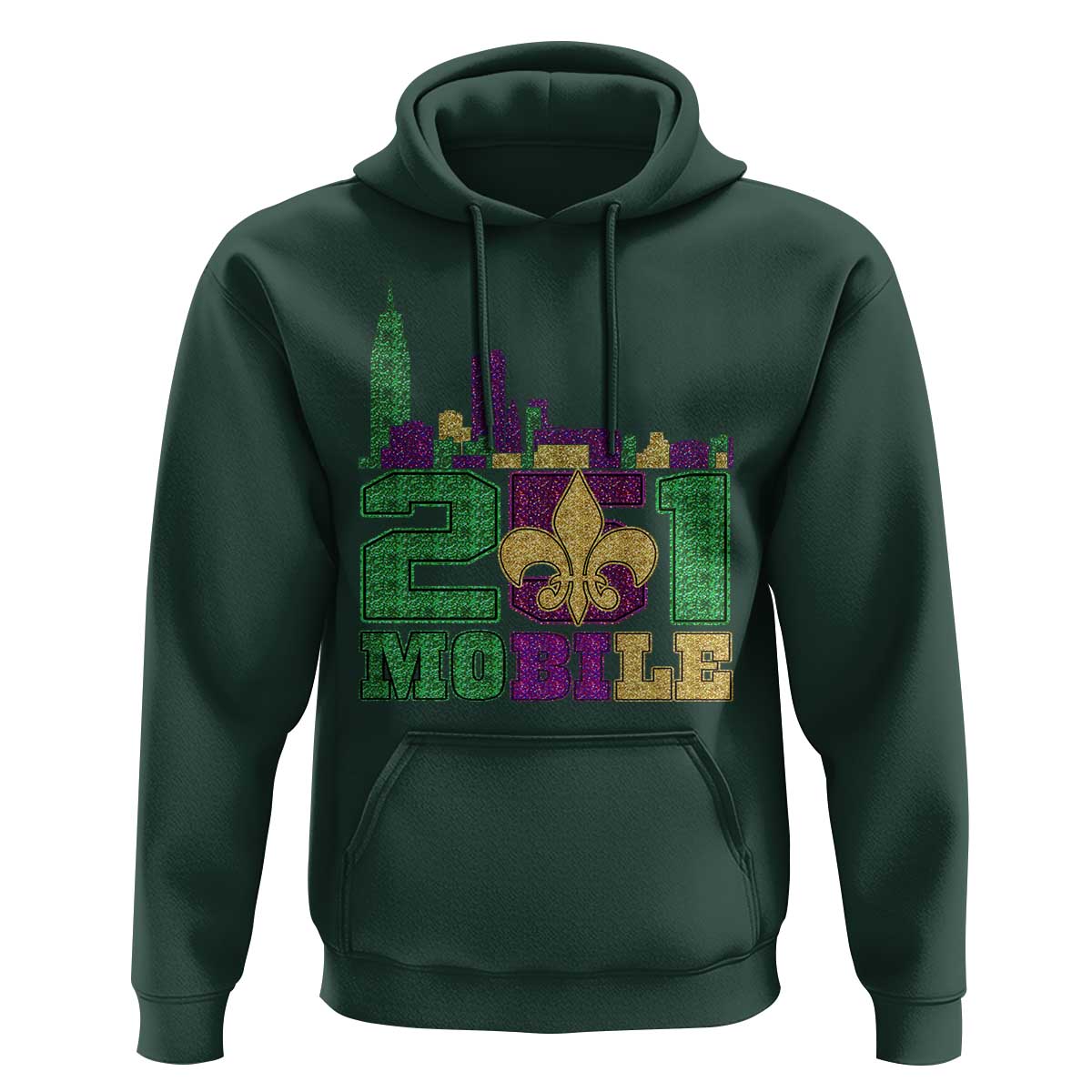 Funny Mardi Gras Mobile Alabama 251 Hoodie Skyline Area Code Glitter Print