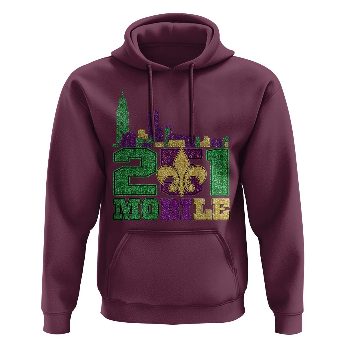 Funny Mardi Gras Mobile Alabama 251 Hoodie Skyline Area Code Glitter Print
