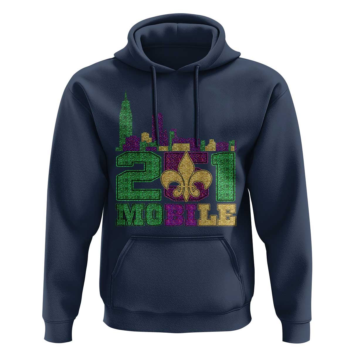 Funny Mardi Gras Mobile Alabama 251 Hoodie Skyline Area Code Glitter Print