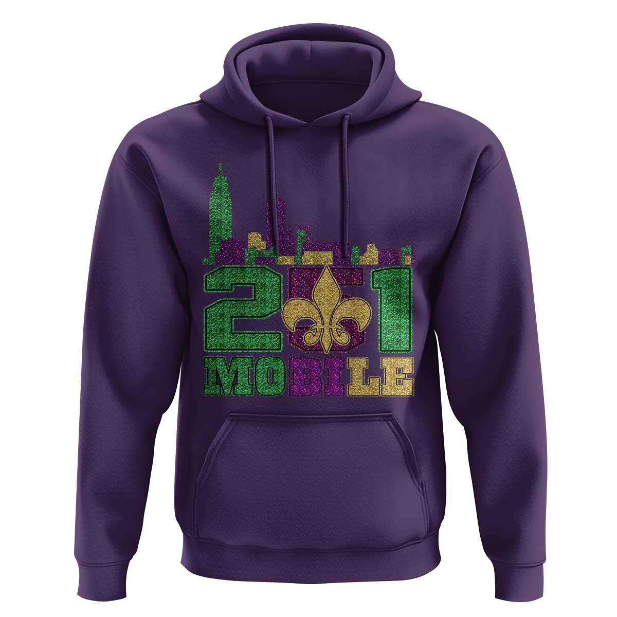 Funny Mardi Gras Mobile Alabama 251 Hoodie Skyline Area Code Glitter Print