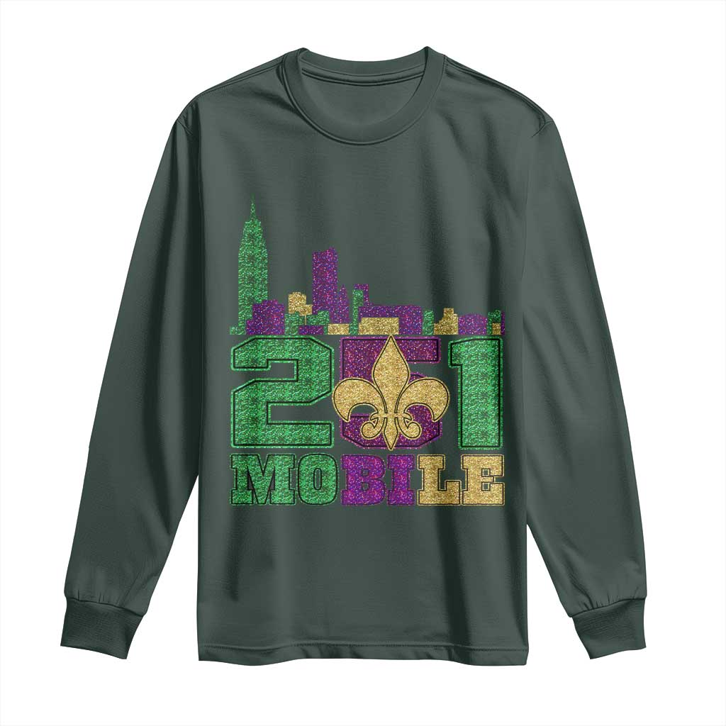 Funny Mardi Gras Mobile Alabama 251 Long Sleeve Shirt Skyline Area Code Glitter Print