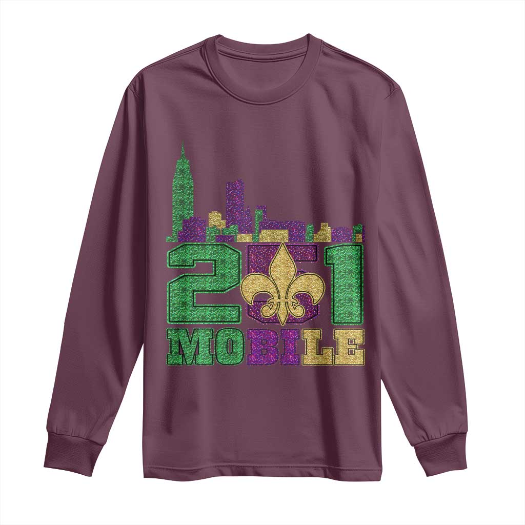 Funny Mardi Gras Mobile Alabama 251 Long Sleeve Shirt Skyline Area Code Glitter Print