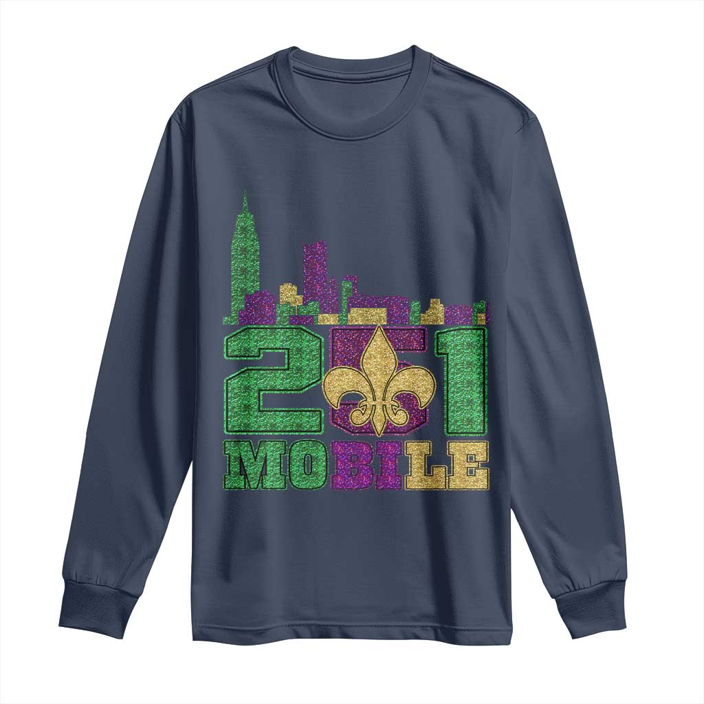 Funny Mardi Gras Mobile Alabama 251 Long Sleeve Shirt Skyline Area Code Glitter Print