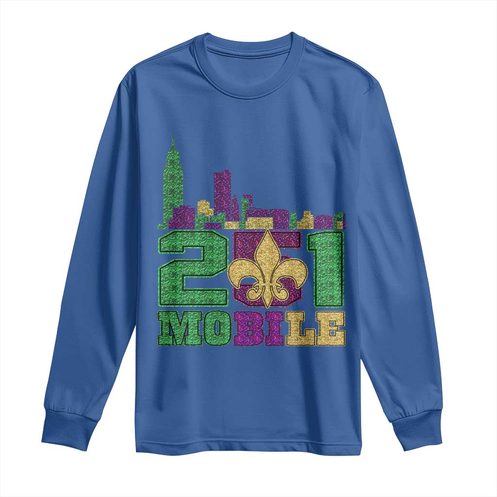 Funny Mardi Gras Mobile Alabama 251 Long Sleeve Shirt Skyline Area Code Glitter Print
