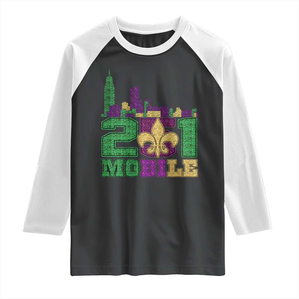 Funny Mardi Gras Mobile Alabama 251 Raglan Shirt Skyline Area Code Glitter Print