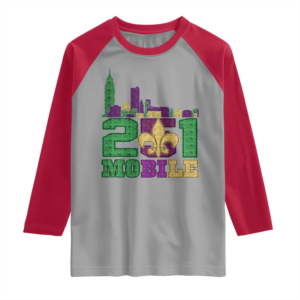 Funny Mardi Gras Mobile Alabama 251 Raglan Shirt Skyline Area Code Glitter Print
