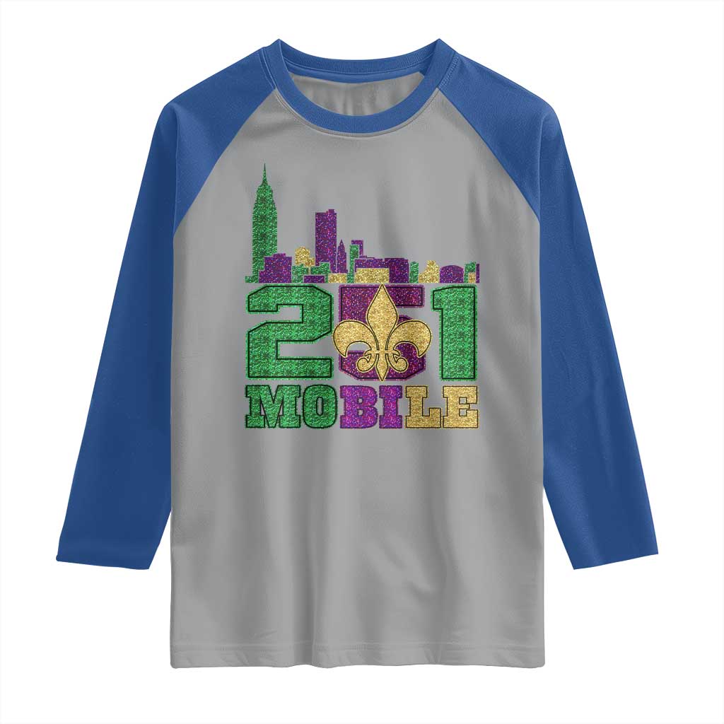Funny Mardi Gras Mobile Alabama 251 Raglan Shirt Skyline Area Code Glitter Print