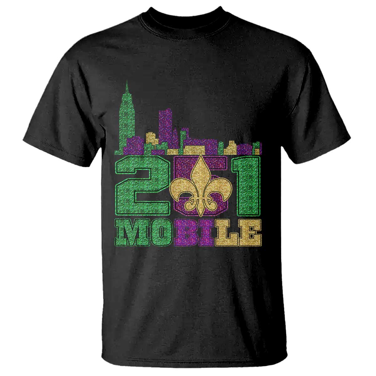 Funny Mardi Gras Mobile Alabama 251 T Shirt Skyline Area Code Glitter Print