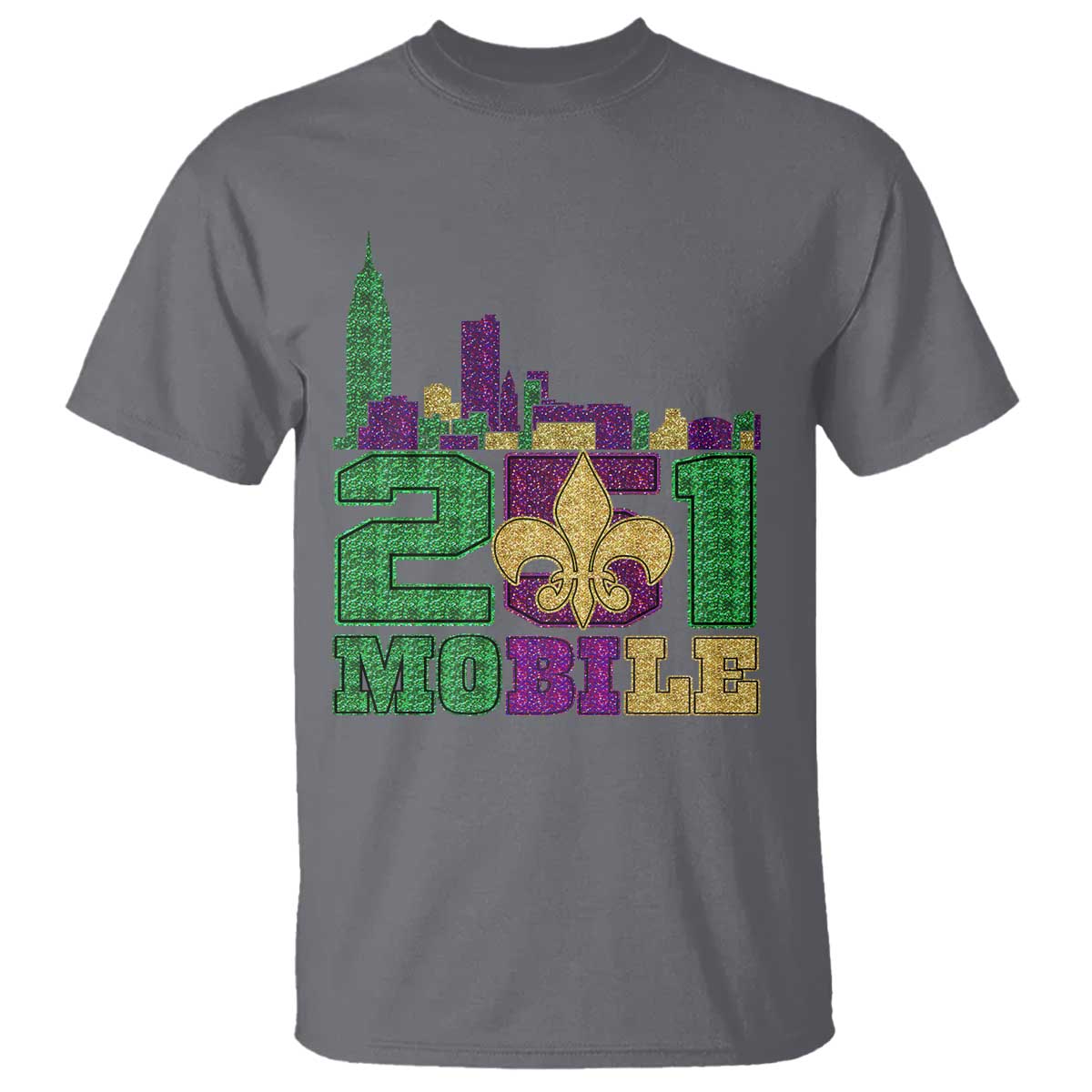 Funny Mardi Gras Mobile Alabama 251 T Shirt Skyline Area Code Glitter Print
