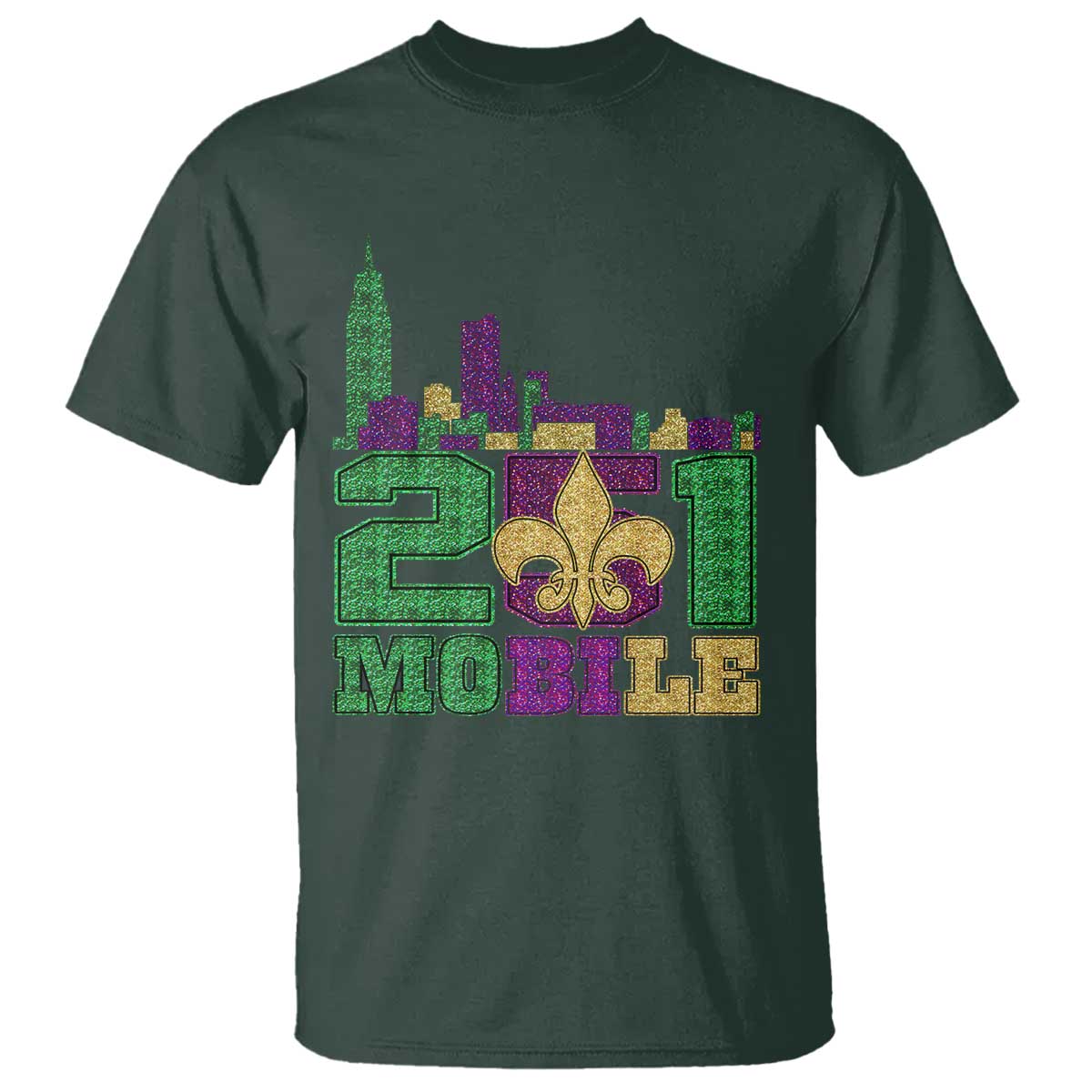 Funny Mardi Gras Mobile Alabama 251 T Shirt Skyline Area Code Glitter Print