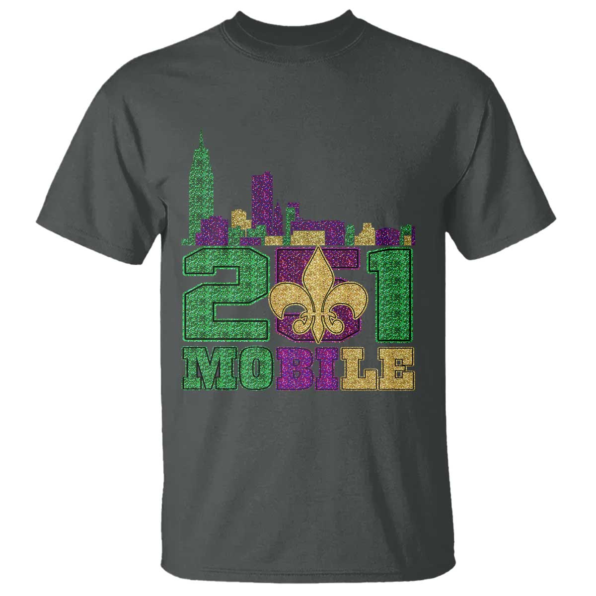 Funny Mardi Gras Mobile Alabama 251 T Shirt Skyline Area Code Glitter Print