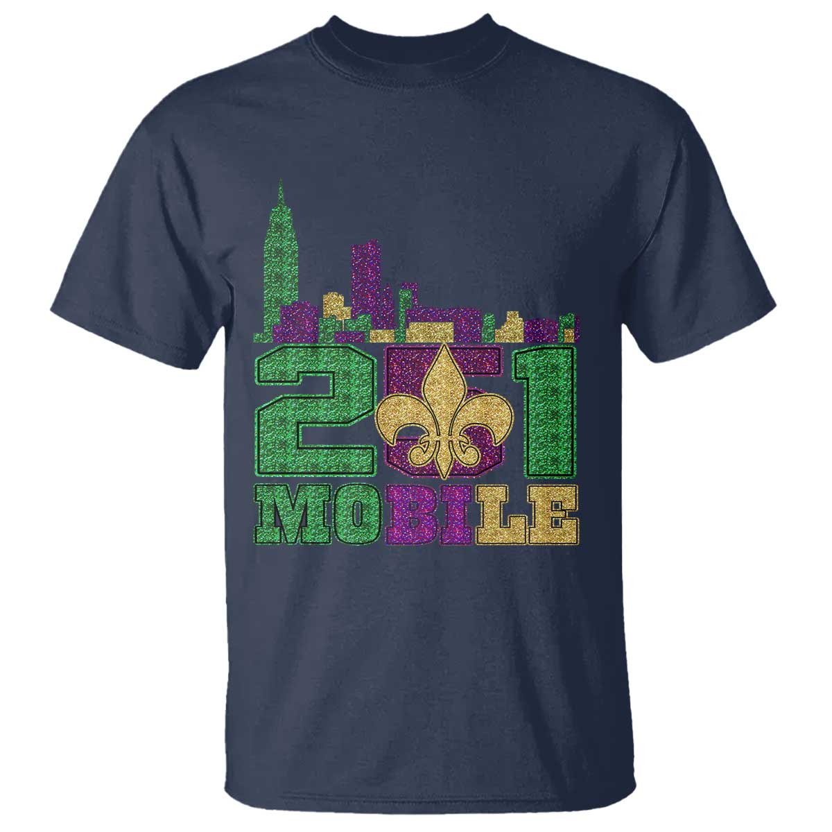 Funny Mardi Gras Mobile Alabama 251 T Shirt Skyline Area Code Glitter Print