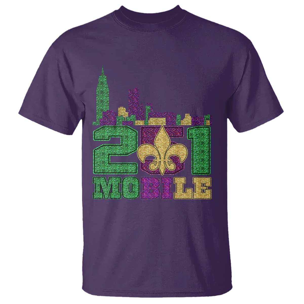 Funny Mardi Gras Mobile Alabama 251 T Shirt Skyline Area Code Glitter Print