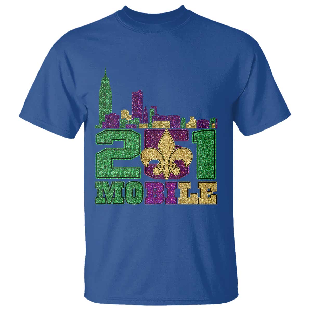 Funny Mardi Gras Mobile Alabama 251 T Shirt Skyline Area Code Glitter Print