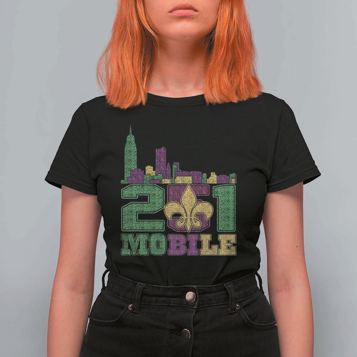 Funny Mardi Gras Mobile Alabama 251 T Shirt For Women Skyline Area Code Glitter Print