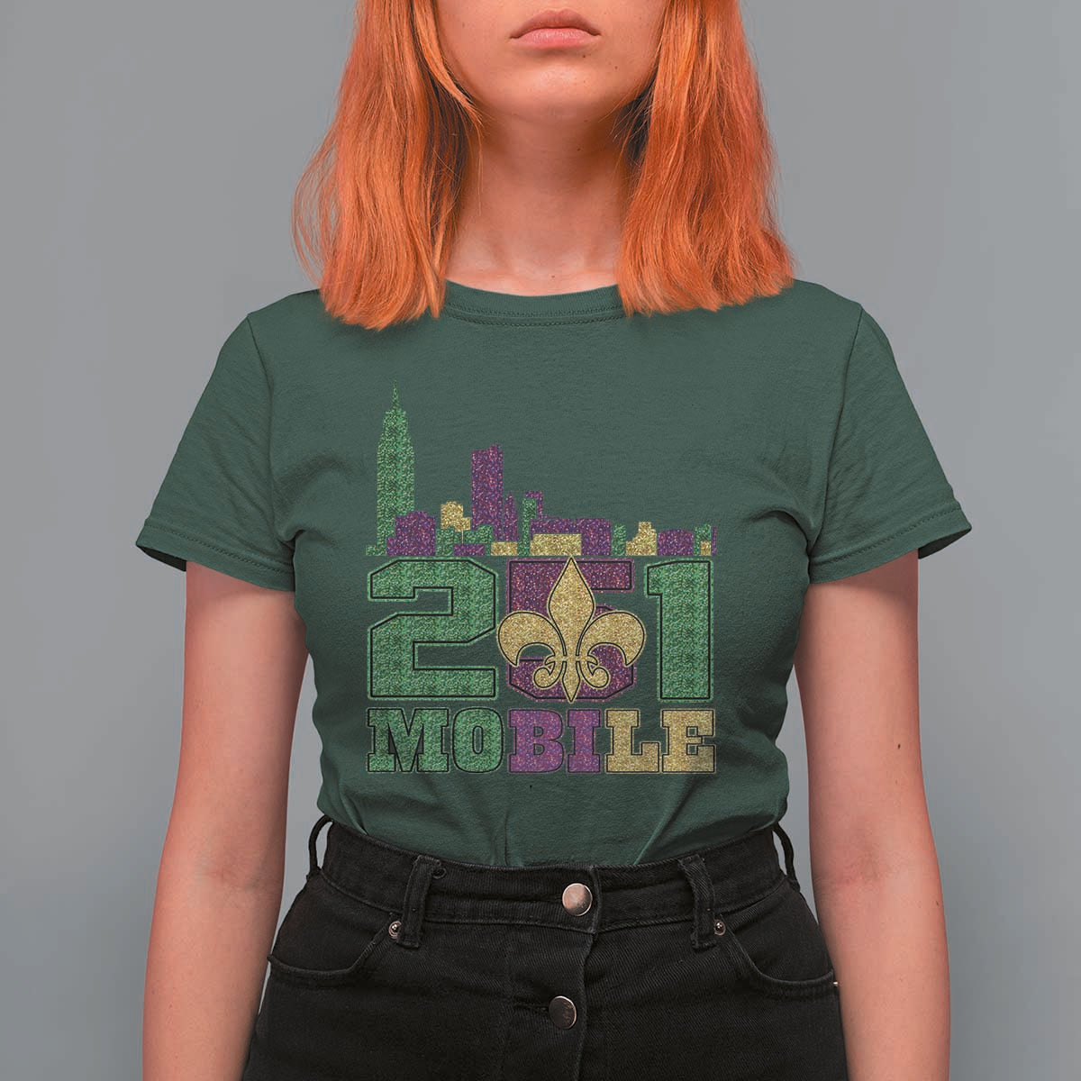 Funny Mardi Gras Mobile Alabama 251 T Shirt For Women Skyline Area Code Glitter Print