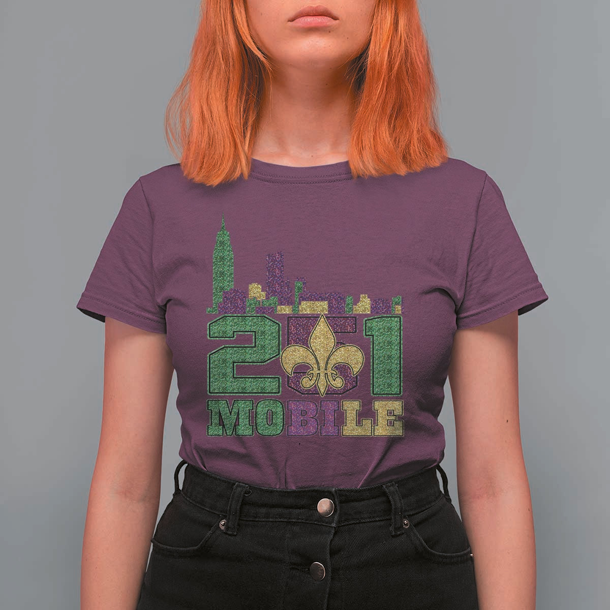 Funny Mardi Gras Mobile Alabama 251 T Shirt For Women Skyline Area Code Glitter Print