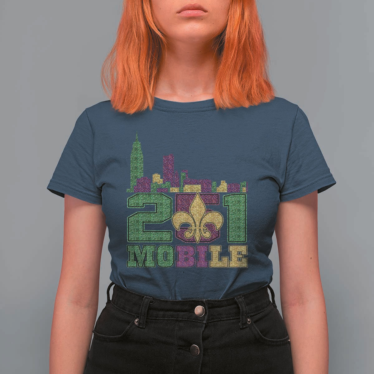 Funny Mardi Gras Mobile Alabama 251 T Shirt For Women Skyline Area Code Glitter Print