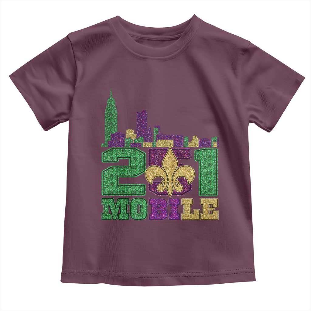 Funny Mardi Gras Mobile Alabama 251 Toddler T Shirt Skyline Area Code Glitter Print