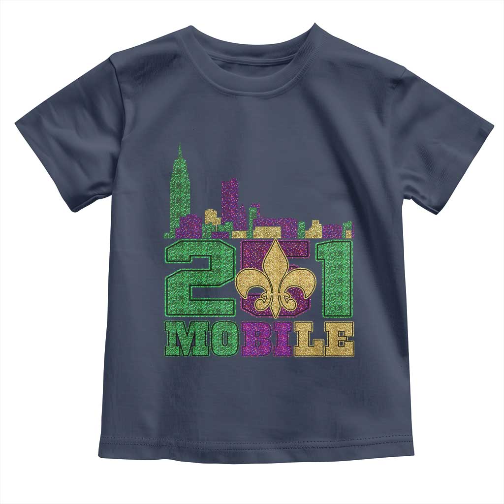 Funny Mardi Gras Mobile Alabama 251 Toddler T Shirt Skyline Area Code Glitter Print