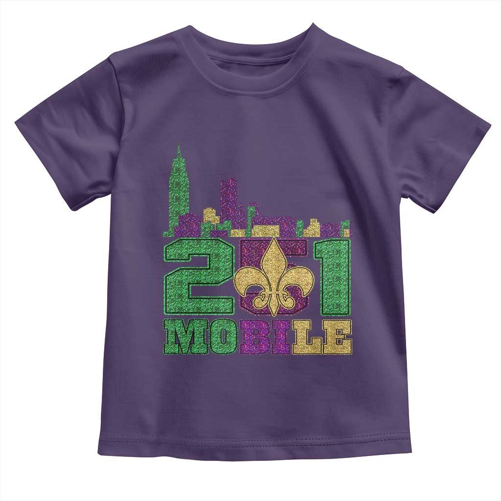 Funny Mardi Gras Mobile Alabama 251 Toddler T Shirt Skyline Area Code Glitter Print