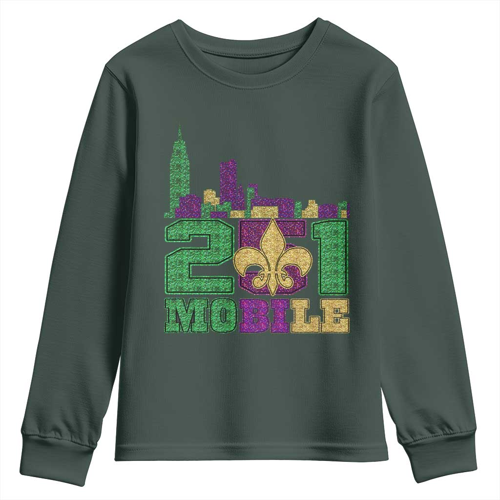 Funny Mardi Gras Mobile Alabama 251 Youth Sweatshirt Skyline Area Code Glitter Print
