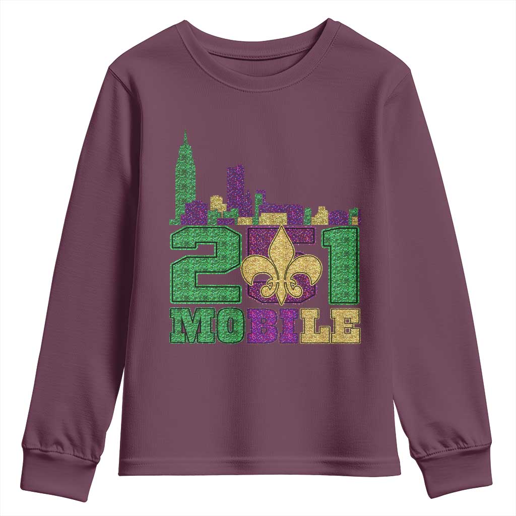 Funny Mardi Gras Mobile Alabama 251 Youth Sweatshirt Skyline Area Code Glitter Print