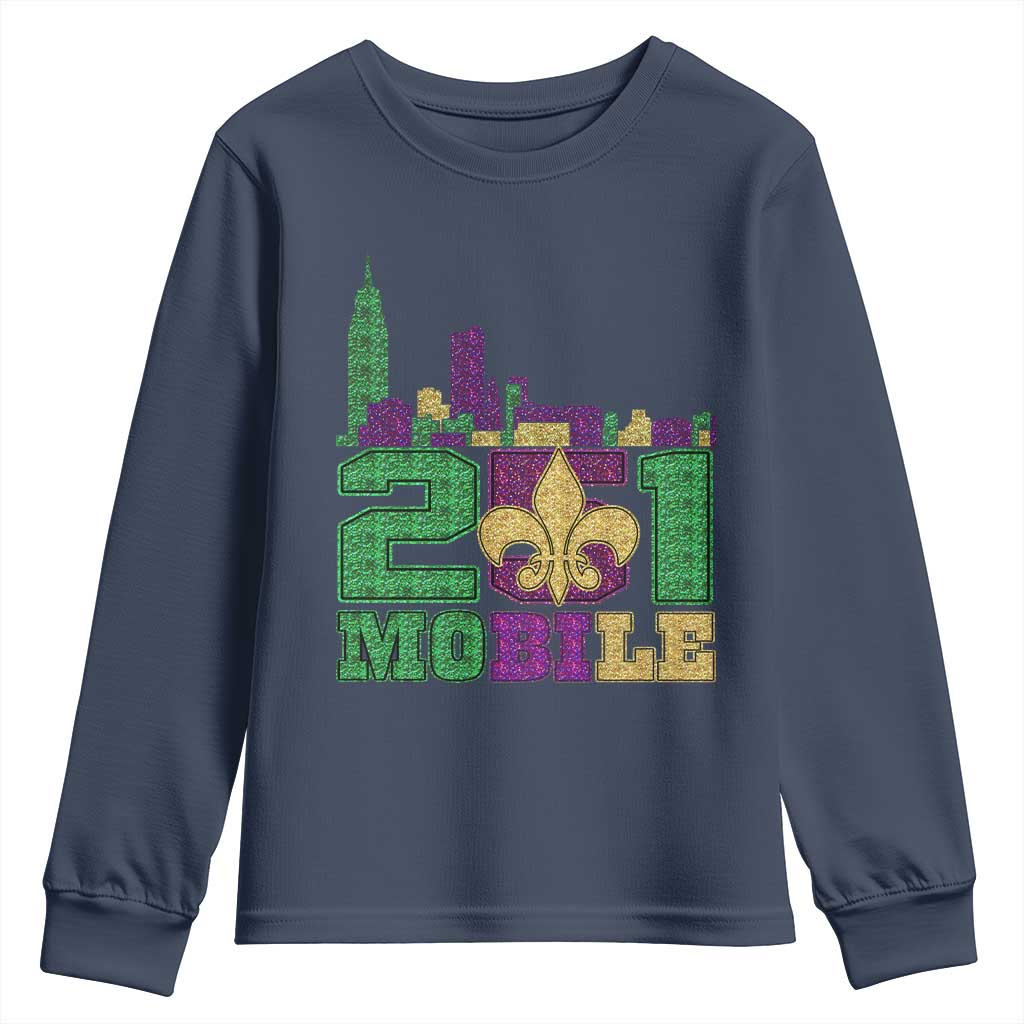 Funny Mardi Gras Mobile Alabama 251 Youth Sweatshirt Skyline Area Code Glitter Print