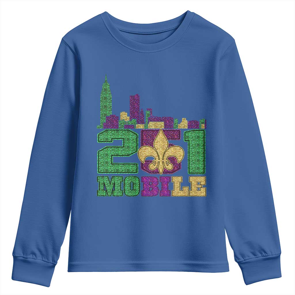 Funny Mardi Gras Mobile Alabama 251 Youth Sweatshirt Skyline Area Code Glitter Print