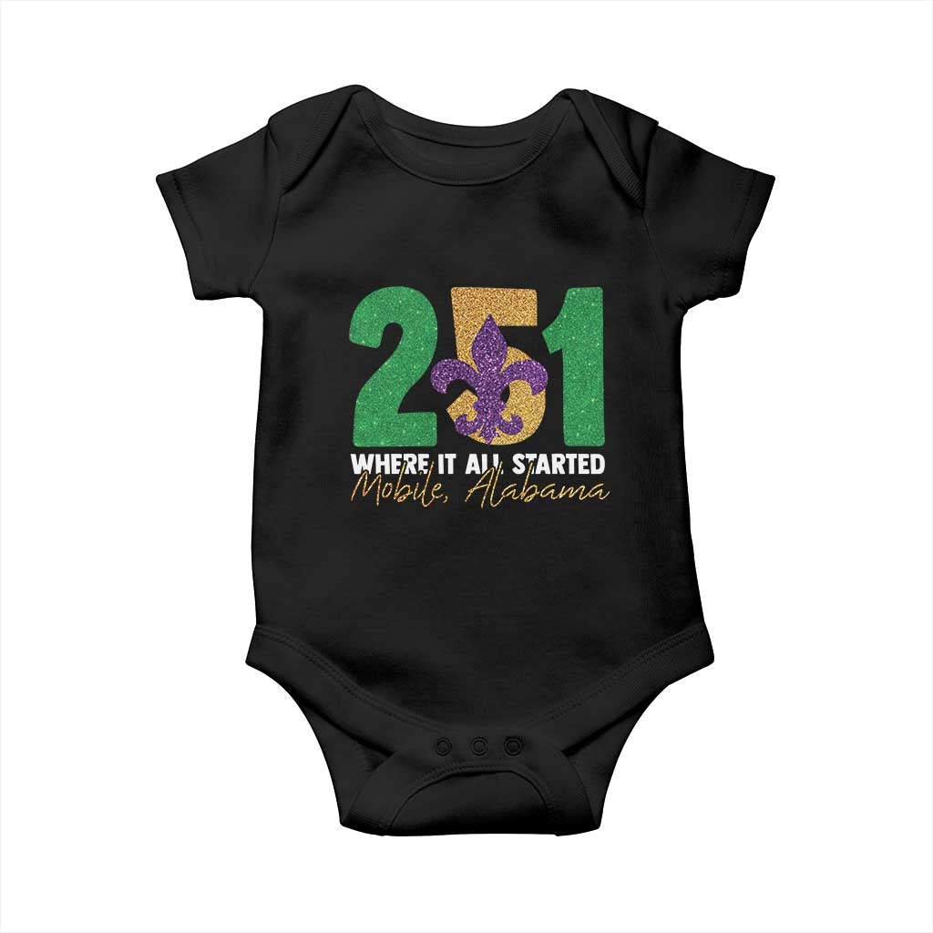 Funny Mardi Gras Mobile Alabama 251 Baby Onesie Where It All Started Area Code Glitter Print