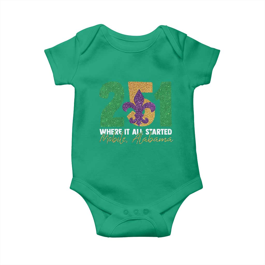 Funny Mardi Gras Mobile Alabama 251 Baby Onesie Where It All Started Area Code Glitter Print