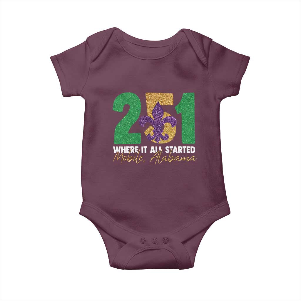 Funny Mardi Gras Mobile Alabama 251 Baby Onesie Where It All Started Area Code Glitter Print
