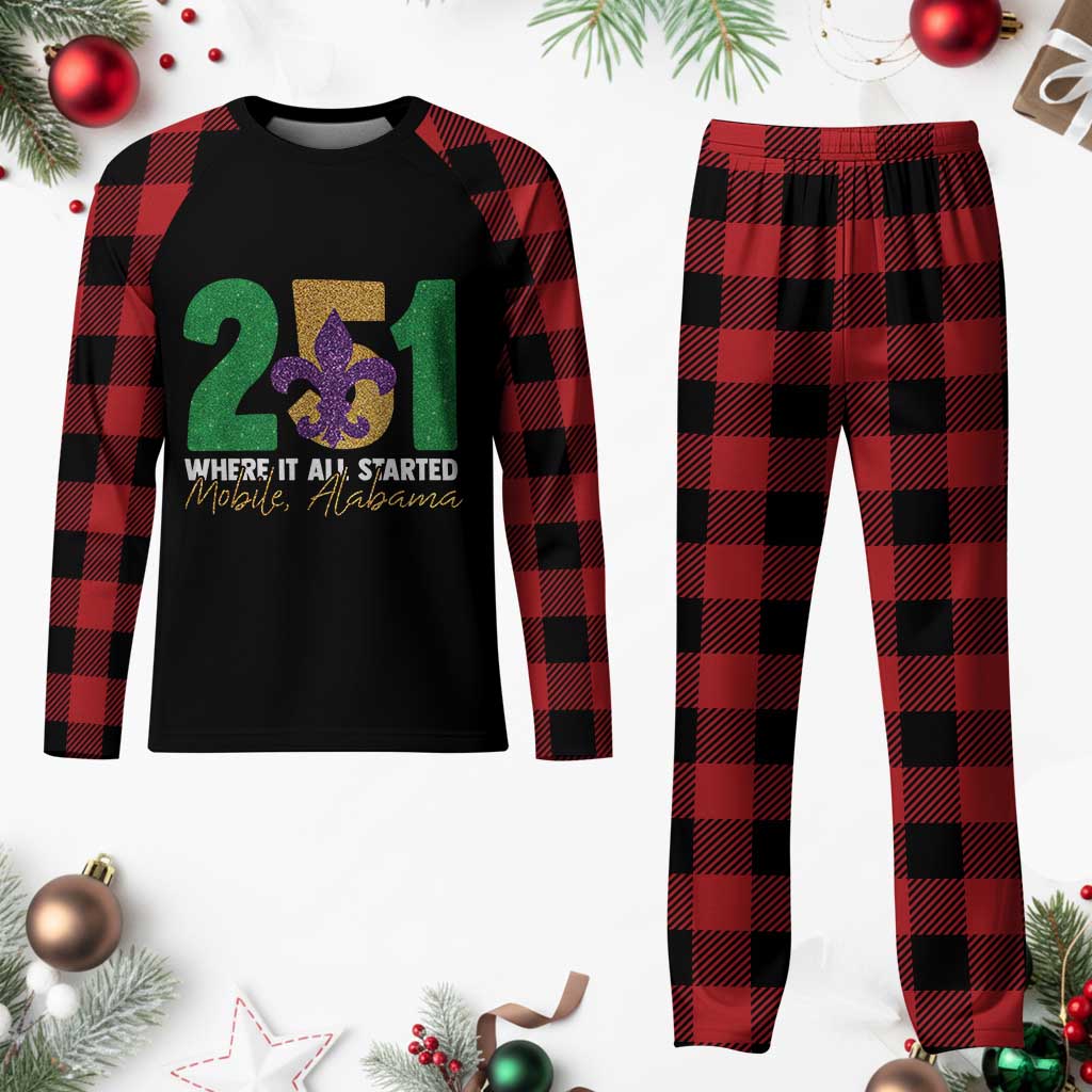 Funny Mardi Gras Mobile Alabama 251 Plaid Pajama Set Where It All Started Area Code Glitter Print