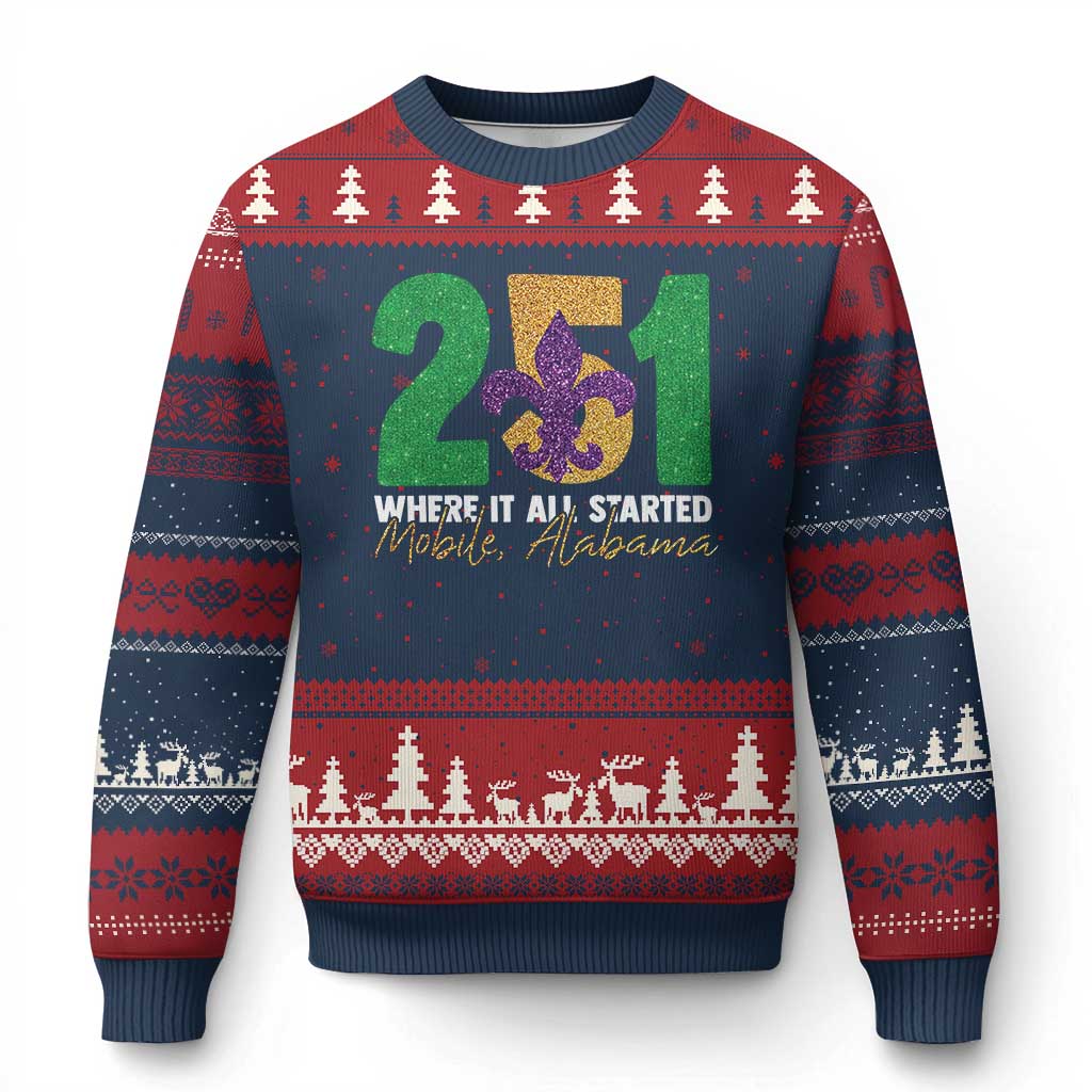 Funny Mardi Gras Mobile Alabama 251 Ugly Christmas Sweater Where It All Started Area Code Glitter Print
