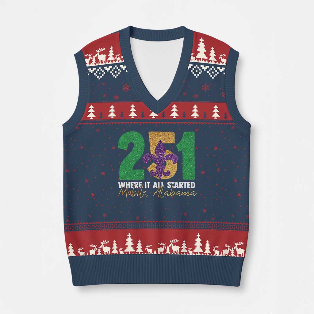 Funny Mardi Gras Mobile Alabama 251 V-Neck Knit Sweater Vest Where It All Started Area Code Glitter Print