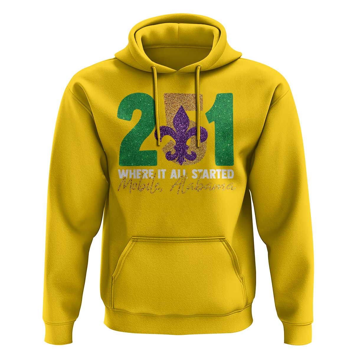 Funny Mardi Gras Mobile Alabama 251 Hoodie Where It All Started Area Code Glitter Print