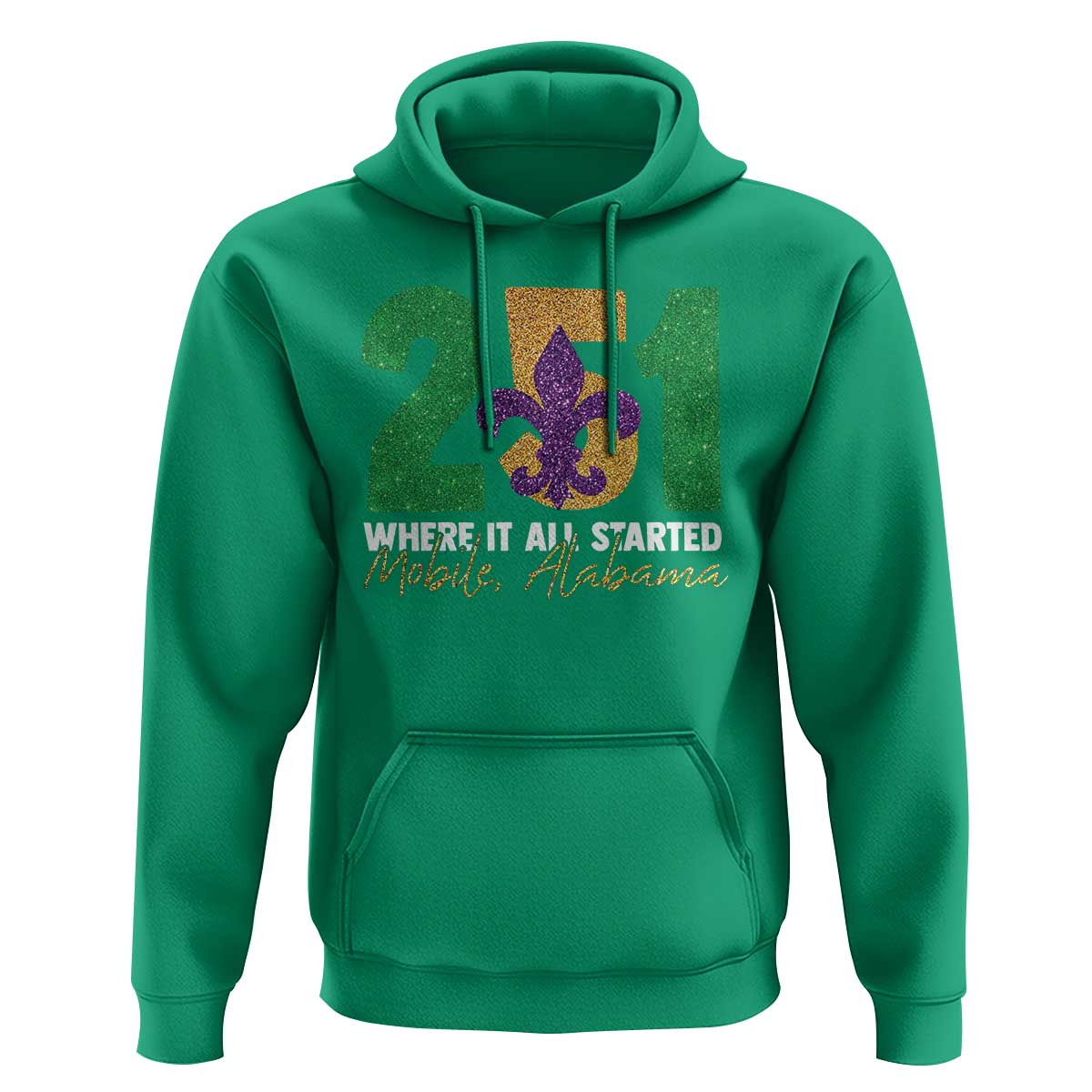 Funny Mardi Gras Mobile Alabama 251 Hoodie Where It All Started Area Code Glitter Print