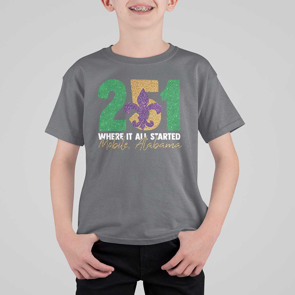 Funny Mardi Gras Mobile Alabama 251 T Shirt For Kid Where It All Started Area Code Glitter Print