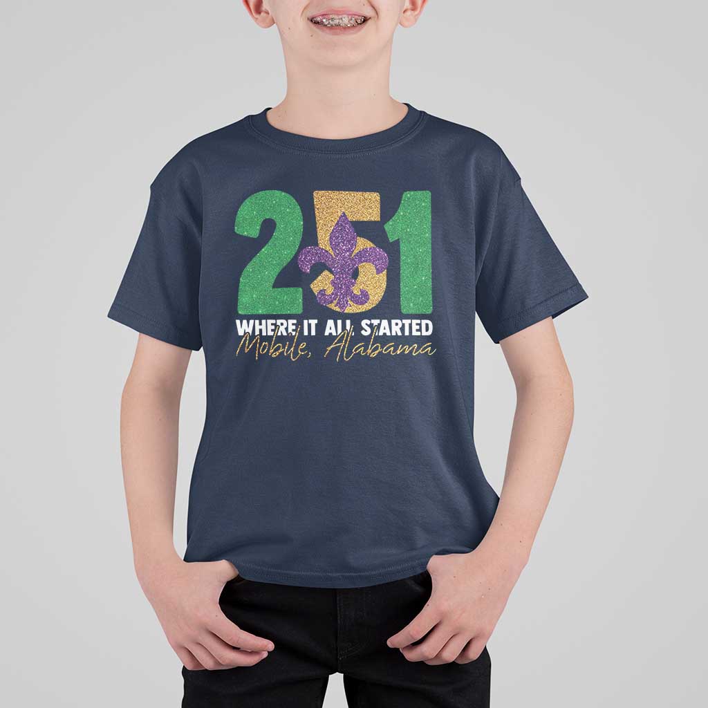 Funny Mardi Gras Mobile Alabama 251 T Shirt For Kid Where It All Started Area Code Glitter Print