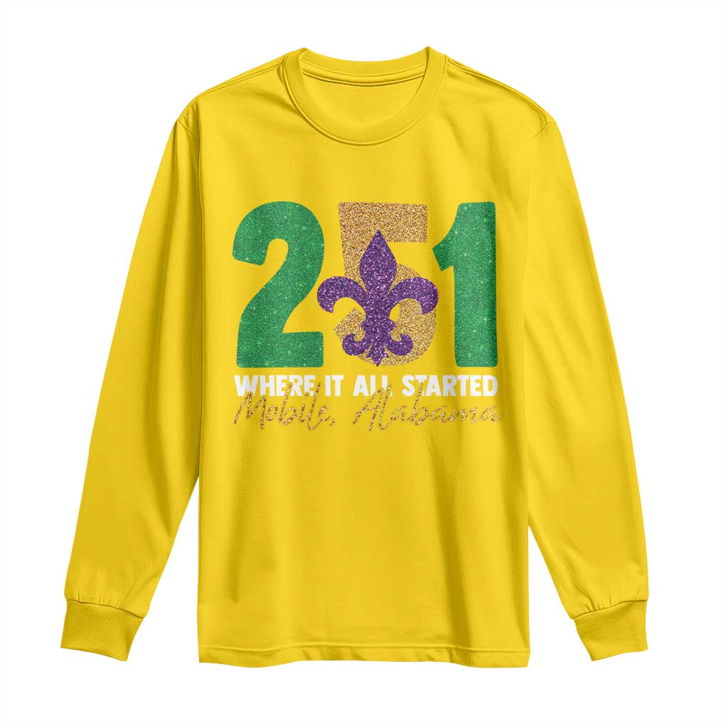Funny Mardi Gras Mobile Alabama 251 Long Sleeve Shirt Where It All Started Area Code Glitter Print