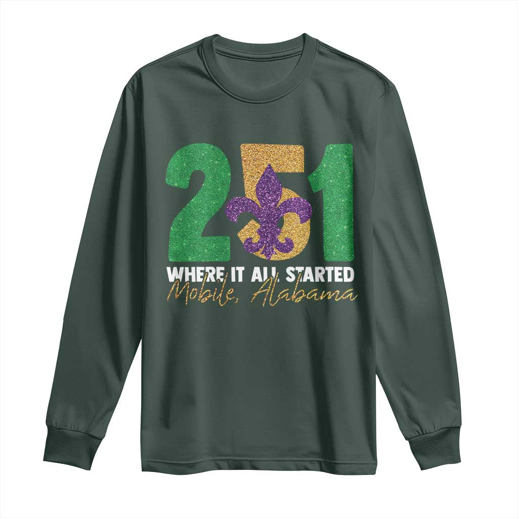 Funny Mardi Gras Mobile Alabama 251 Long Sleeve Shirt Where It All Started Area Code Glitter Print