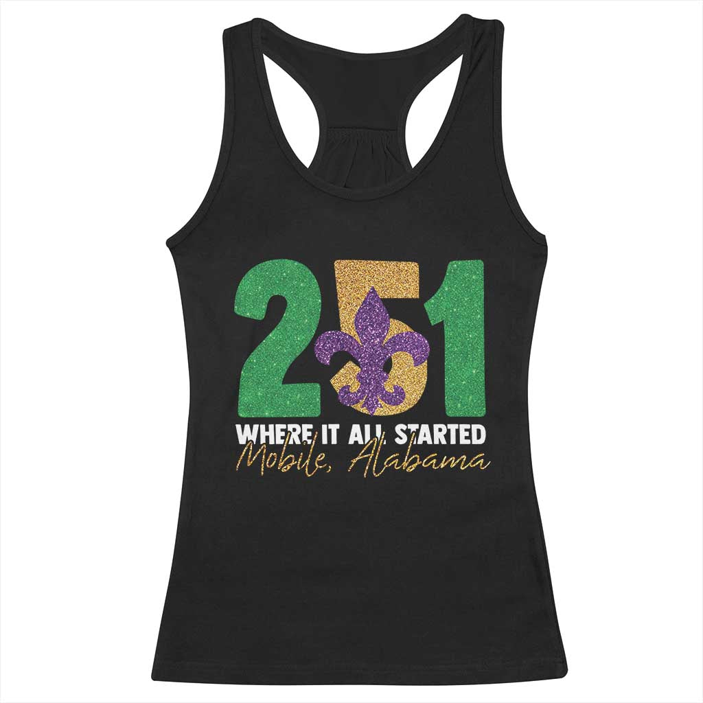 Funny Mardi Gras Mobile Alabama 251 Racerback Tank Top Where It All Started Area Code Glitter Print