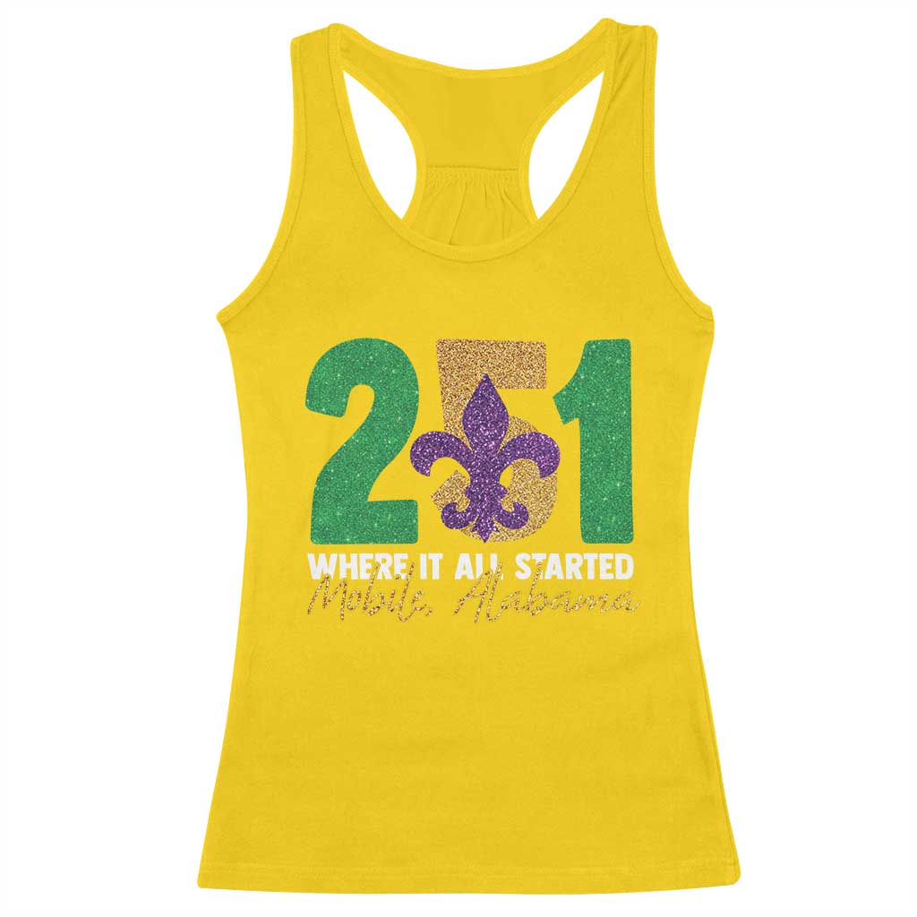 Funny Mardi Gras Mobile Alabama 251 Racerback Tank Top Where It All Started Area Code Glitter Print