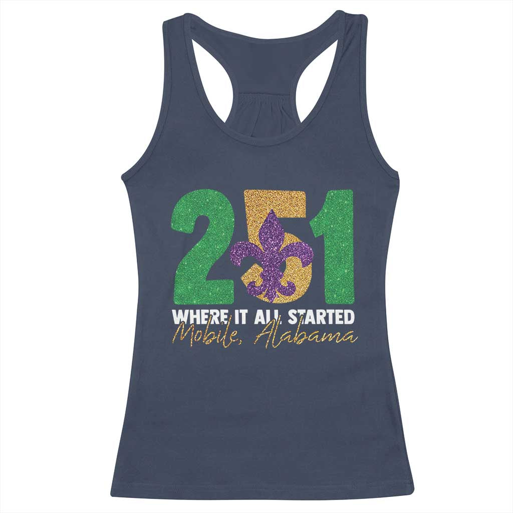 Funny Mardi Gras Mobile Alabama 251 Racerback Tank Top Where It All Started Area Code Glitter Print