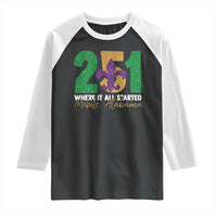 Funny Mardi Gras Mobile Alabama 251 Raglan Shirt Where It All Started Area Code Glitter Print