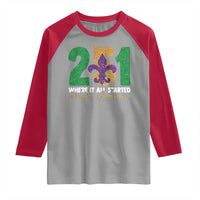 Funny Mardi Gras Mobile Alabama 251 Raglan Shirt Where It All Started Area Code Glitter Print